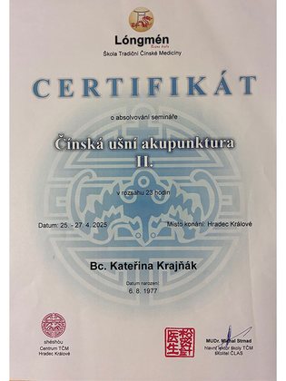 Certifikát – Čínská ušní akupunktura